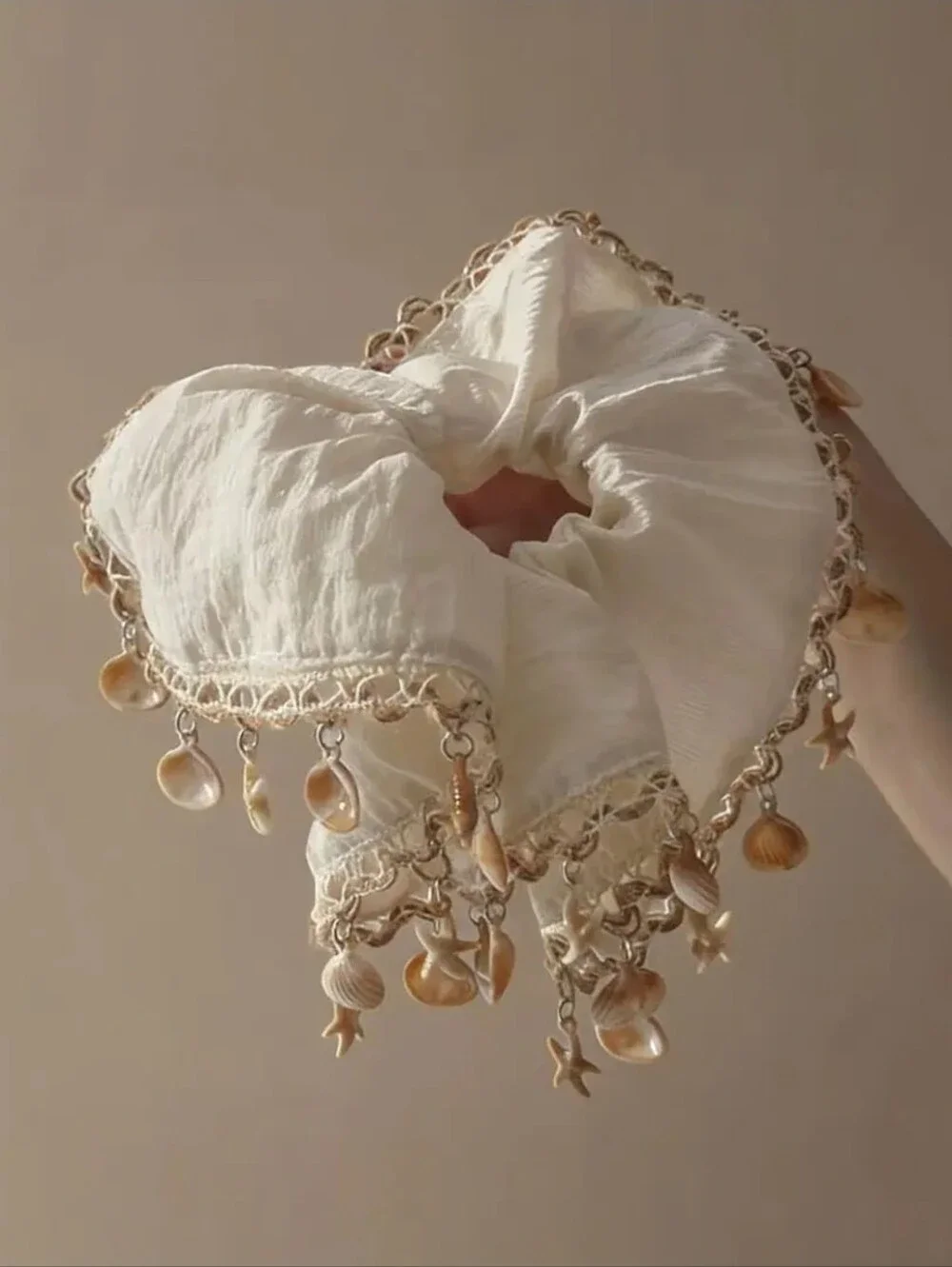 Handmade Cream Shell-Trim Scrunchie